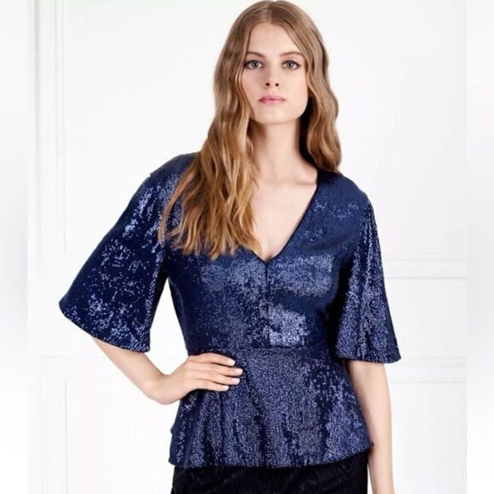 NWT Rachel Zoe Women's V Neck Clover Baby Doll Sequin Blouse in Navy Blue Size 4